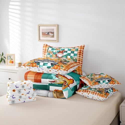 Fall Gnome King Comforter Set 7 Piece,Autumn Fall Leaves Bed in a Bag,Thanksgiving Pumpkin Santa Dwarf Bedding Sets with 1 Comforter,2 PillowShams,2 Pillowcases,1 Flat Sheet,1 Fitted Sheet - Image 5