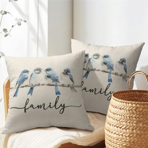 Sweet Home Blue Bird Family Pillow Covers 24x24 Inches Watercolor Throw Pillow Case Set of 2 Spring Summer Pillows Cotton Linen Cushion Cover for Home Couch Sofa Livingroom - Image 5