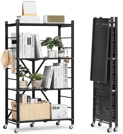 VEVOR 4-Tier Foldable Storage Shelf, 26W x 13D x 46H Inch Folding Metal Rack Shelving Unit, No Assembly Organizer Shelf with 5 Wheels & 4 Hooks for Pantry, Kitchen, Garage, Basement, Black by VEVOR