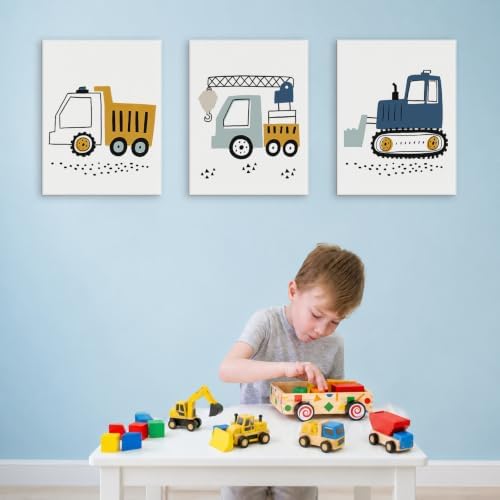 3 Pcs Cute Vehicle Canvas Wall Art Prints Nursery Boys Room Decor,Framed - Image 2