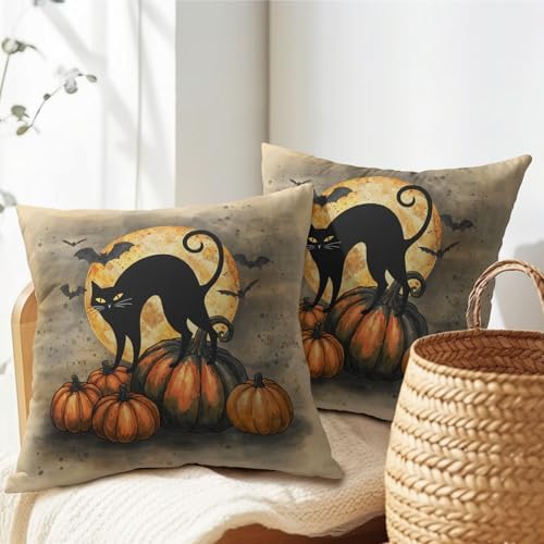 Halloween Throw Pillow Covers 20x20 Set of 2 Black Cat Bats Pillow Covers Pumpkins Full Moon Spooky Pillowcase for Kitchen Sofa Outdoor Cushion Couch Watercolor Bedroom Living Room Decoration - Image 6