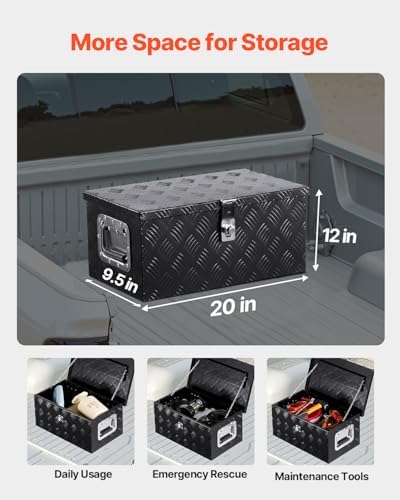 VEVOR Heavy Duty Aluminum Truck Bed Tool Box, Stripes Plated Tool Box with Side Handle and Lock Keys, Storage Toolbox Chest Organizer for Trailer, Pickup, Truck Bed, RV, 20"x12"x9.5", Black - Image 2