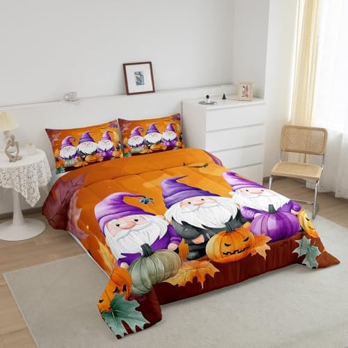 Erosebridal Fall Gnome Comforter Set Twin Size Thanksgiving Pumpkin Bedding Set for Kids Children Autumn Harvest Down Comforter Maple Leaf Quilt Set Orange Purple Lightweight Room Decor 1 Pillow Case - Image 6