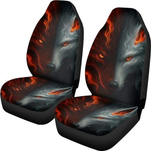 Black-red Wolf Print Car Seat Covers Set of 2 Elastic Fabric Front Bucket Seat Covers Halloween Stretch Seats Protector Universal Fit Car Interior Decor
