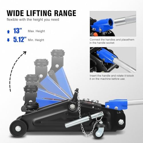 DNA Motoring Floor Jack with Socket and Lock, Low Profile Hydraulic Trolley Jack for Cars Lift, 2 Ton (4000 lbs) Capacity, Lifting Range 5.12"-13", Blue, TOOLS-00677-BL - Image 3