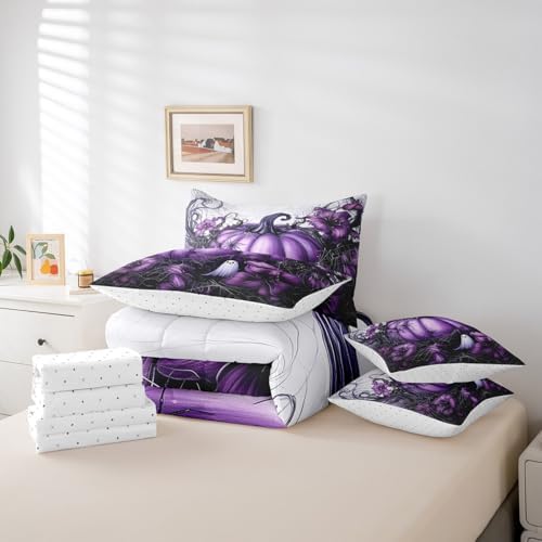 Erosebridal Kids Purple Pumpkin Queen Bed in A Bag 7 Piece Halloween Spooky Ghost Bedding Set Gothic Spider Web Comforter Set for Boys Girls Adults,Halloween Horror Sheet Set with Comforter - Image 6