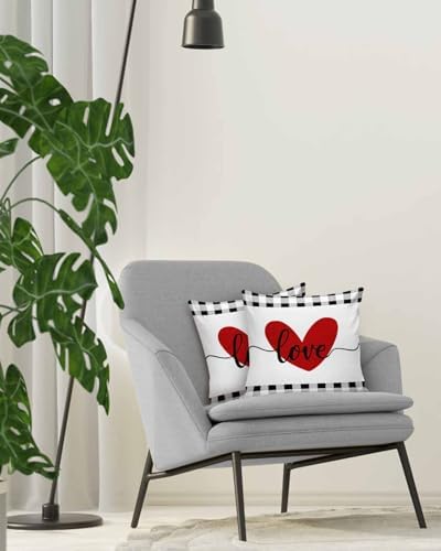 Red Valentine's Day Love Heart Pillow Covers 16x16 Inch Set of 2, Buffalo Plaid Decorations Outdoor Throw Pillow Covers, Holiday Linen Square Pillowcases for Sofa Couch Bedroom Patio Decorative - Image 4