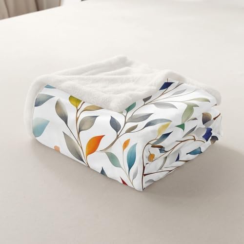 Colorful Leaves Throw Blanket Botanical Plants Farmhouse Fleece Flannel Blankets Kids Boys Girls Room Decor Country Style Bed Blankets for Bed Sofa Couch White Blue Grren Plush Blanket Queen 90"x90" - Image 7