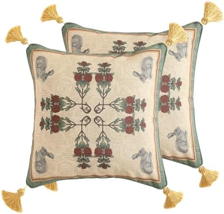 patdrea Designer Throw Pillow Covers Set of 2,French Elegant Green Linen with Rose and Animal Floral Pattern Pillow Covers,Decorative Square Pillowcases Cushion for Bed Living Room Outdoor,18"x18" by patdrea