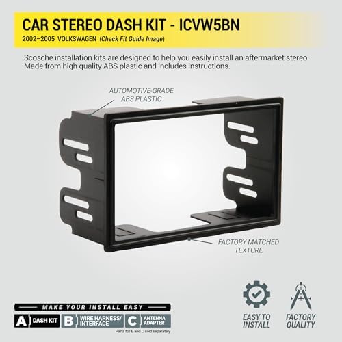 Scosche ICVW5BN Double DIN Radio Install Dash Kit and Harness Compatible with Select 2002-2005 Non-Amplified Volkswagen Vehicles - Complete Basic Car Stereo Installation Kit - Does Not Retain SWC