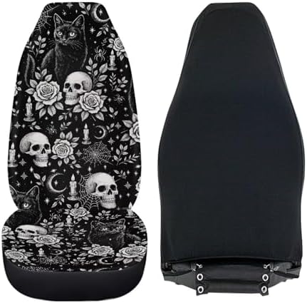 Bulopur Halloween Car Seat Covers Set Non-Slip Breathable 2 Piece Car Seat Covers Front Seats Only Universal Vehicle Accessories for Halloween Decor, Black Cat Skull