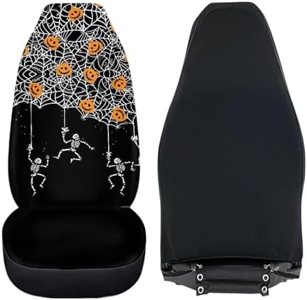 White Spider Web Skeleton Black Halloween Print 2 PCS Cool Graphic Car Seat Covers Unique Print Front Auto Seat Cover,Car Bucket Seats Protector Covers Universal fit for SUV Sedan Van