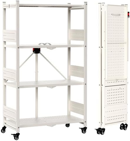 WORKPRO 4-Tier Folding Shelf, No-Assembly Metal Storage Rack with Wheels, 600 lbs Capacity (with Leveling Feet), Collapsible Shelving Unit for Kitchen, Pantry, Closet & Craft Shows - White by WORKPRO