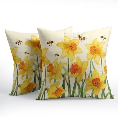 Spring Pillow Covers 22x22 Set of 2 Yellow Floral Throw Pillow Covers Rustic Flower Pillowcase Linen Decoration Farmhouse Soft Decorative Bee Summer Cushion Case Couch for Indoor Outdoor Home Decor - Image 2