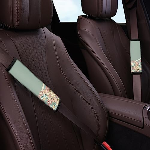Abstract 70S Groovy Flower Auto Seat Cover Full Set for Women,12 Pack Green Swirl Wavy Auto Front Back Seat Cushion Protective Accessory with Coaster Keyring Steering Wheel Cover Armrest Pad