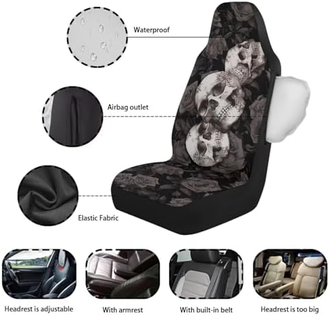 Bulopur Skull Rose Car Seat Covers Washable Waterproof Front Seats Only Auto Drive Seat Covers 2 Pack Anti-Slip Automotive Cushion Protectors Airbag Compatible for Most Cars Sedans Truck Van