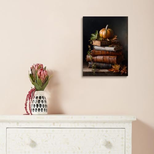 Vintage Pumpkin Still Life Wall Art – Antique Books with Fall Leaves Canvas Print,Dark Academia Autumn Aesthetic Poster for Reading Nook Decor 24x36in Large Frame wall art - Image 4