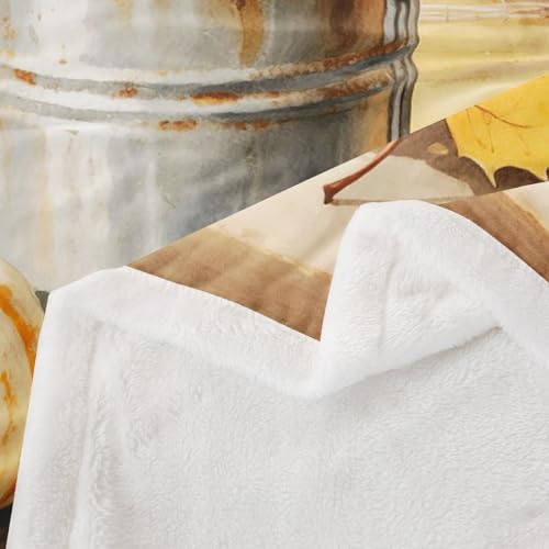 Fall Harvest Throw Blanket Farm Pumpkin Wheat Fleece Flannel Blankets Kids Boys Girls Room Decor Country Maple Leaf Bed Blankets for Bed Sofa Couch Orange Yellow Silvery Plush Blanket Queen 90"x90" - Image 6