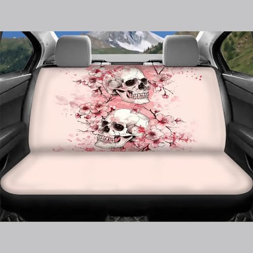 Skulls Pink Cherry Blossom Print Car Seat Covers 4Pcs Front & Rear Breathable Seat Covers Universal Fits for Truck, Sedan, SUV Auto Interior Protector Car Accessories
