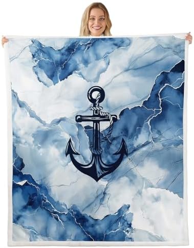 Marble Sherpa Blanket Nautical Anchor Throw Blanket Bedroom Living Room Soft Cozy Modern Abstract Ink Painting Blankets Decor for Bed Couch Sofa Blue White Black Flannel Blankets 90"x90" by CastleFairy