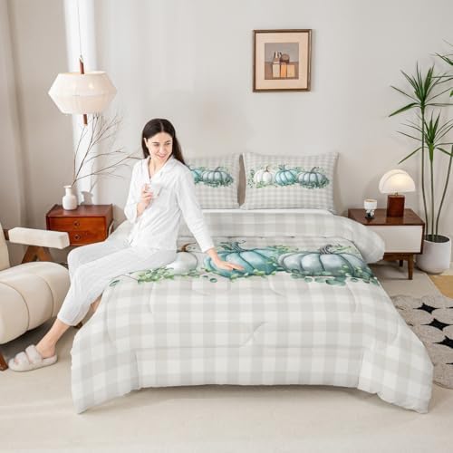 Erosebridal Pumpkins Comforter Set King Size Eucalyptus Leaves Bedding Set for Teens Kids Adult Fall Autumn Thanksgiving Harvest Vintage Down Comforter Blue Botanical Grid Bedroom Decor Quilted Duvet - Image 5