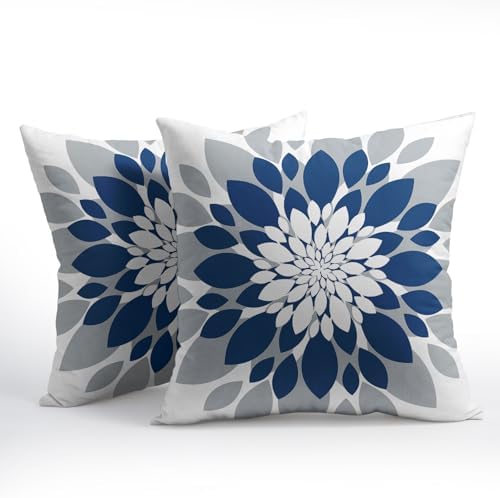 Blue Grey Dahlia Pillow Covers 22x22 Set of 2 Navy Blue Floral Throw Pillow Covers Natural Pillowcase Linen Decoration Farmhouse Soft Decorative Flower Cushion Case Couch for Indoor Outdoor Home Decor - Image 2