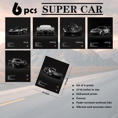 CSLGQGV Car Poster Vintage Racing Car Wall Art Supercar Canvas Prints Painting For Men Room Pictures Guys Dorm Room Aesthetics Decor Bedroom Office (Unframed,12×16inch,6pcs) black - Image 6