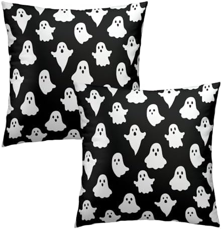 Sweetshow Happy Halloween Throw Pillow Covers 20X20 Inches Set of 2 White Cute Ghost Spooky Black Pillowcase Soft Cotton Square Cushion Covers for Home Sofa Bedroom Decoration - Image 2