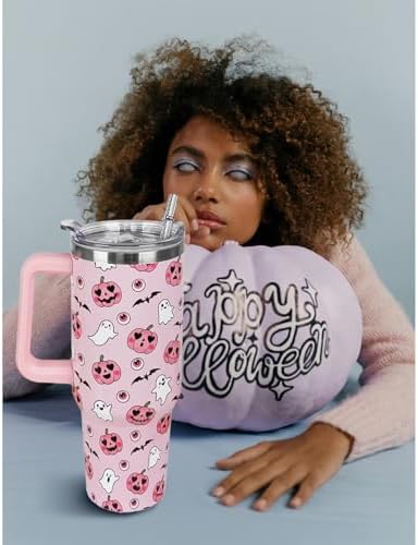 Halloween Tumbler 40oz Ghost Tumbler Spooky Bat Leak Proof Cups with Handle and Straw Insulated Water Bottle Coffee Travel Mugs for Halloween Decor Gifts for Women Goth Witchy (1PCS) - Image 2