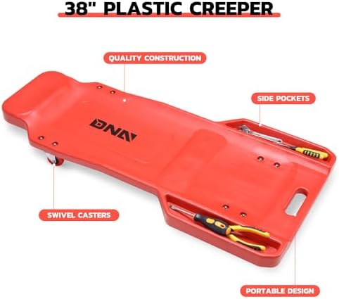 DNA Motoring 38 Inches Low Profile Plastic Rolling Garage Shop Floor Creeper with Side Pockets & 4pcs Casters, Red, TOOLS-00393 - Image 5