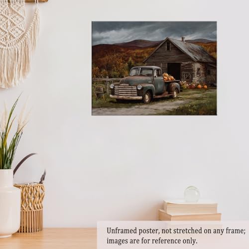 Vintage Truck with Pumpkins Wall Art – Rustic Fall Barn Landscape Canvas,Country Farmhouse Poster for Thanksgiving Entryway or Autumn Living Room Decor 12x16in Unframed - Image 6