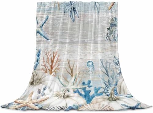 DecorLovee Blue Coastal Fall Blanket 60"x80", Reversible Starfish Coral Throw Blanket for Couch/Bed, Thanksgiving Pumpkins Lightweight Soft Throw Blankets for Men, Warm Fuzzy Blankets for Winter by DecorLovee