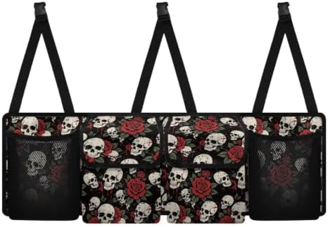 Vintage Skull Red Rose Print Car Trunk Organizer Car Backseat Storage Bag with 4 Pockets Hanging Trunk Cargo Storage Universal Auto Accessories for Sedans SUV Trucks Van