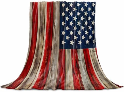 DecorLovee American Flag Blanket 40"x60", Reversible Red Striped Blue Star Throw Blanket for Couch/Bed/Camping, Vintage Wooden Lightweight Soft Throw Blanket for Boys, Warm Fuzzy Blankets for Winter by DecorLovee