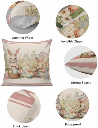 JasmineM Happy Easter Bunny Pillow Covers 16x16 inch Set of 2, Spring Florals Colorful Eggs Decorations Outdoor Throw Pillow Covers, Cotton Linen Square Pillowcases for Sofa Couch Bedroom Decorative - Image 5