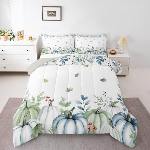 Erosebridal Pumpkins Eucalyptus Leaves Comforter Set for Kids Boys Girls Blue Pumpkins Fall Decor Bedding Autumn Fall Duvet Set Thanksgiving Farmhouse Comforter Twin with 1 Pillowcase by Erosebridal