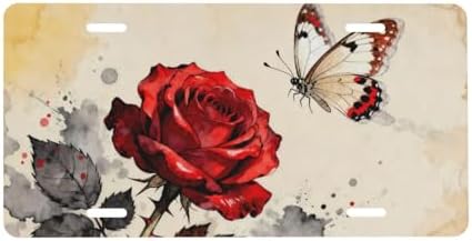 Red Rose Watercolor Butterfly Cool Front License Plate 6x12 Inch