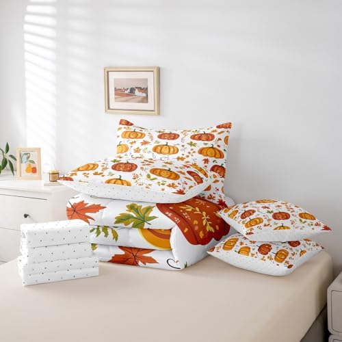 Erosebridal Farmhouse Thanksgiving Full Comforter Set with Sheets 7 Piece Country Fall Theme Bedding Set,Autumn Harvest Pumpkin Bed in A Bag Nature Maple Leaves Bed Set with Comforter - Image 6
