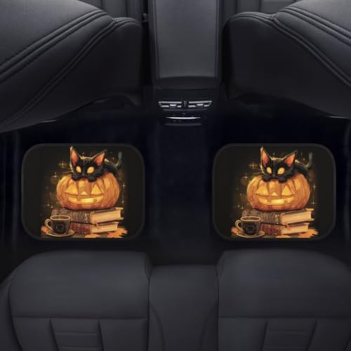 Black Cat Car Floor Mats 4PCS, Rubber Non-Slip Jack-O'-Lantern Front and Rear Floor Mats Gothic Decor All Weather Heel Pad Universal Fit SUV Van Truck