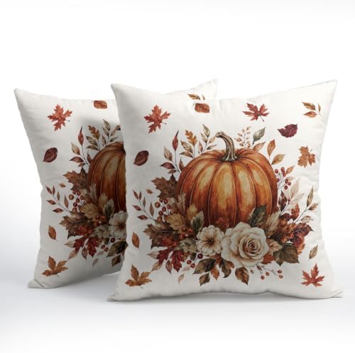 Fall Pumpkin Pillow Covers 24x24 Set of 2 Burnt Orange Maple Leaves Floral Outdoor Throw Pillows Covers Thanksgiving Rustic Decorative Farmhouse Cushion Case for Living Room Couch Sofa - Image 2