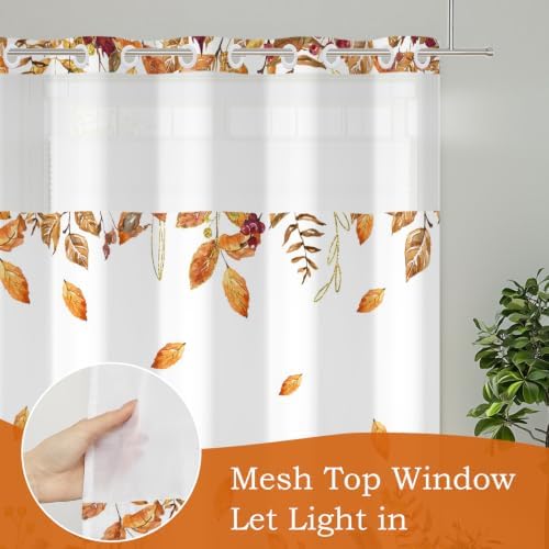 No Hook Shower Curtain with Snap in Liner, Hotel Style Watercolor Fall Autumn Pumpkins with Gold Branches Thanksgiving Shower Curtain Waterpoof Washable with See Through Top Window,71"x71" - Image 3