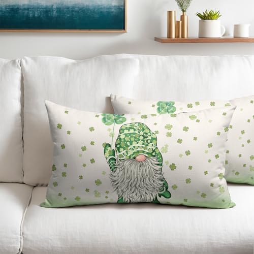 St Patricks Day Pillow Covers 12x20 Set of 2 Shamrock Gnome Throw Pillow Covers Rustic Spring Pillowcase Linen Decoration Farmhouse Decorative Sage Green Cushion Case Couch for Indoor Home Decor - Image 2