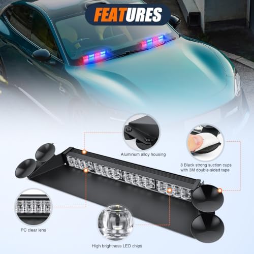 Nilight 32LED Red Blue Dash Strobe Light w/Controller Windshield Mount