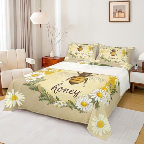 Erosebridal Kawaii Honey Bee Bedding Set Twin Cute Geometric Honeycomb Bed Sheets Farm Rustic Daisy Sheet Set for Kids Girls Teen Women,Soft Honey Bee Fitted Sheet + Flat Sheet + 1 Pillow Case by Erosebridal