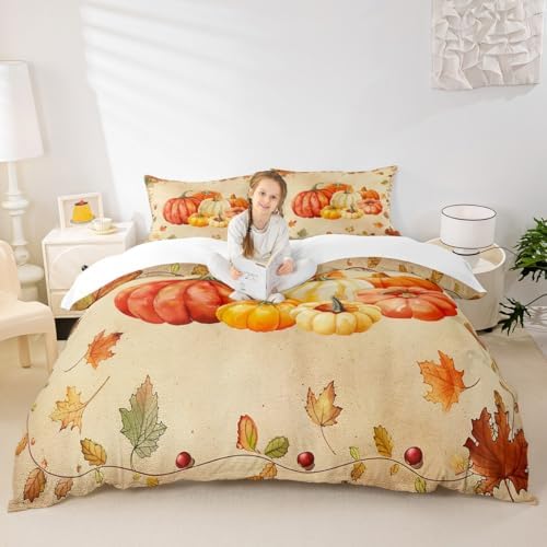 Fall Pumpkin Kids Duvet Cover Set King Size,Autumn Harvest Maple Leaf Bedding Set,Girls Boys Adults Room/Cabin Decor,Thanksgiving Retro Comforter Cover,Rustic Farmhouse Quilt Cover,2 Pillowcases - Image 2