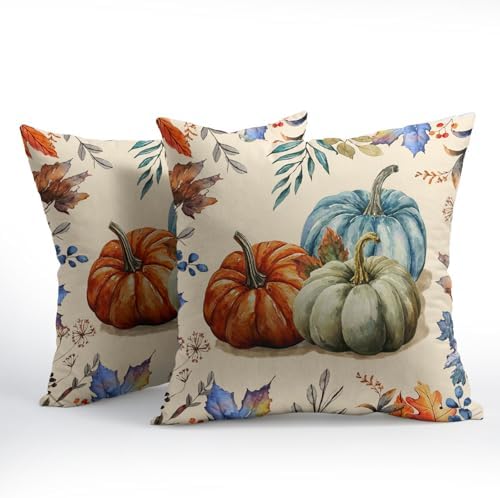 Fall Pumpkin Throw Pillow Covers 24x24 Set of 2 Thanksgiving Colorful Leaves Pillow Covers Orange Blue Pumpkin Watercolor Foliage Pillowcase for Kitchen Outdoor Couch Bedroom Living Room Decoration - Image 2