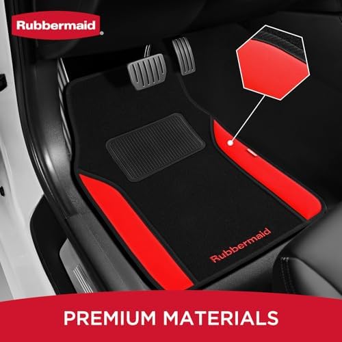 Rubbermaid Car Mats, Carpeted Floor Car Mat with Faux Leather & Built-in Heel Pad, Two-Tone Car Rug Floor Mats, Stylish Carpeted Floor Mats for Cars, Trucks & SUVs Red Color