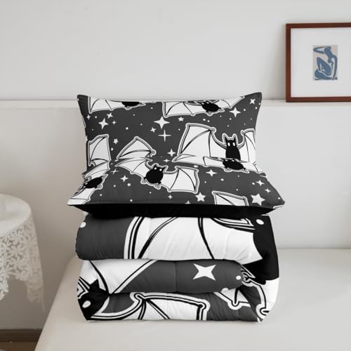 Feelyou Halloween Bedding Set for Girls Boys Kids Queen Size Black Bats Animal Print Silhouette Comforter Cover Room Decor Happy Holiday Cute Star Print Luxury Duvet Cover Gray Quilt Set - Image 3