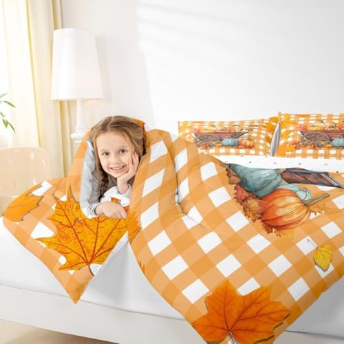 Maple Leaves Comforter Set Twin Size Orange Buffalo Plaid Bedding Set For Kids Boys Girls Fall Pumpkin Autum Harvest Down Comforter Thanksgiving Quilted Duvet Plant Leaf Room Decor 1 Pillow Case - Image 5