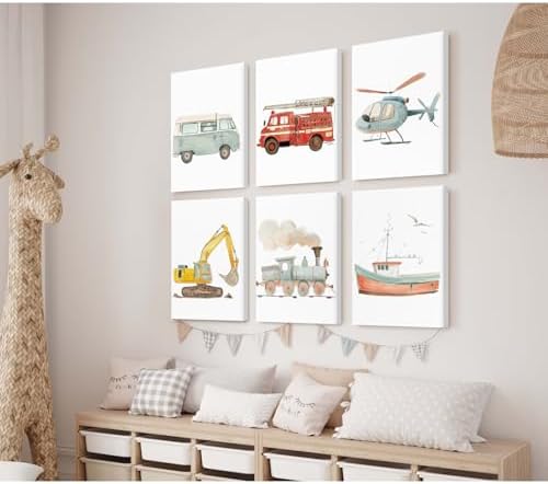 Car Wall Art Boys Room Canvas Wall Decor Nursery Prints Transportation Vehicle Wall Art Kids Toddler Posters Construction Truck Pictures Boy Nursery Artwork for Bedroom Playroom 8x10x6 Inch Framed - Image 3